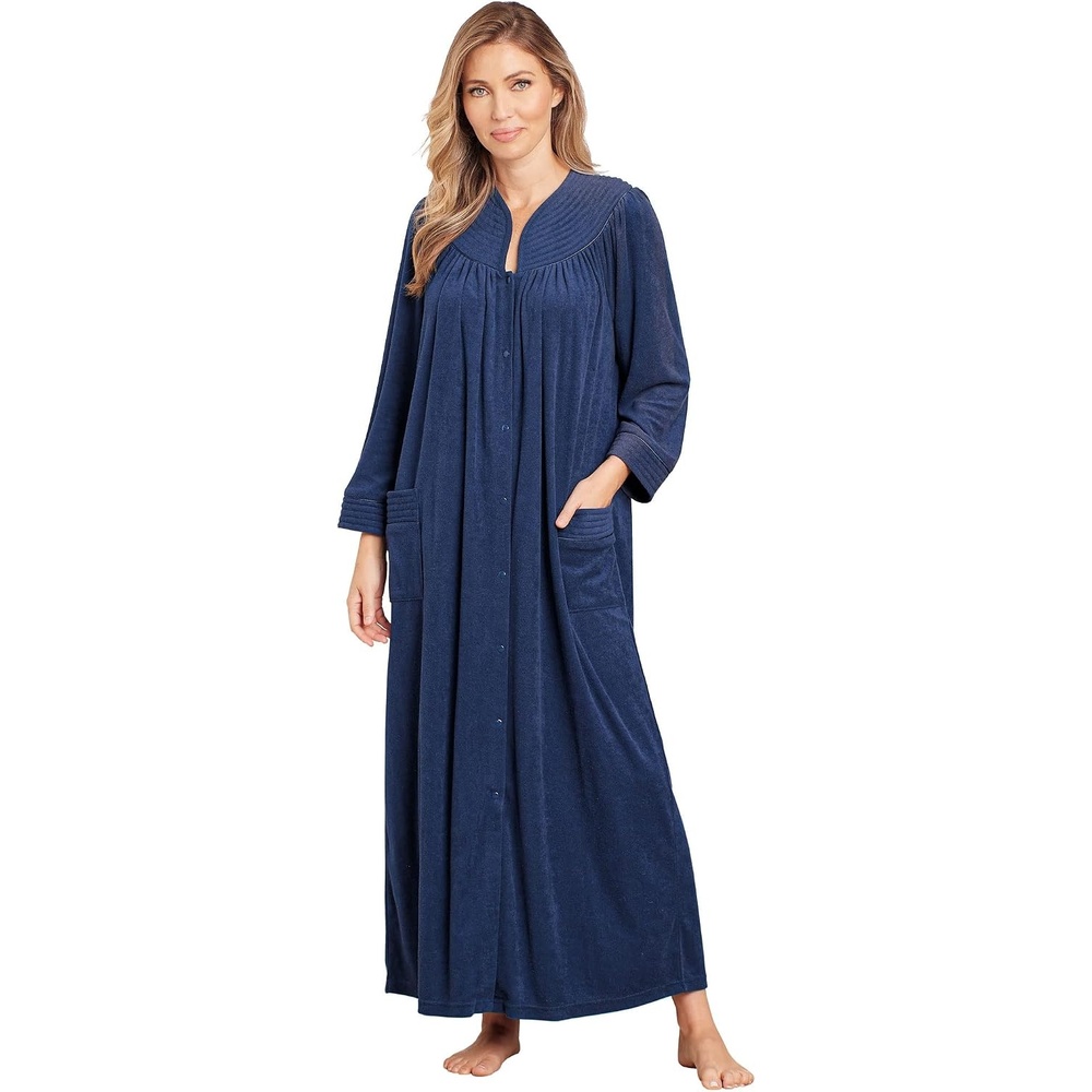 image:imageAmeriMark Women FullLength Snap Front Terrycloth Long Bathrobe Loose Absorbent FullCoverage Plush Long Ankle Bath RobeNavy