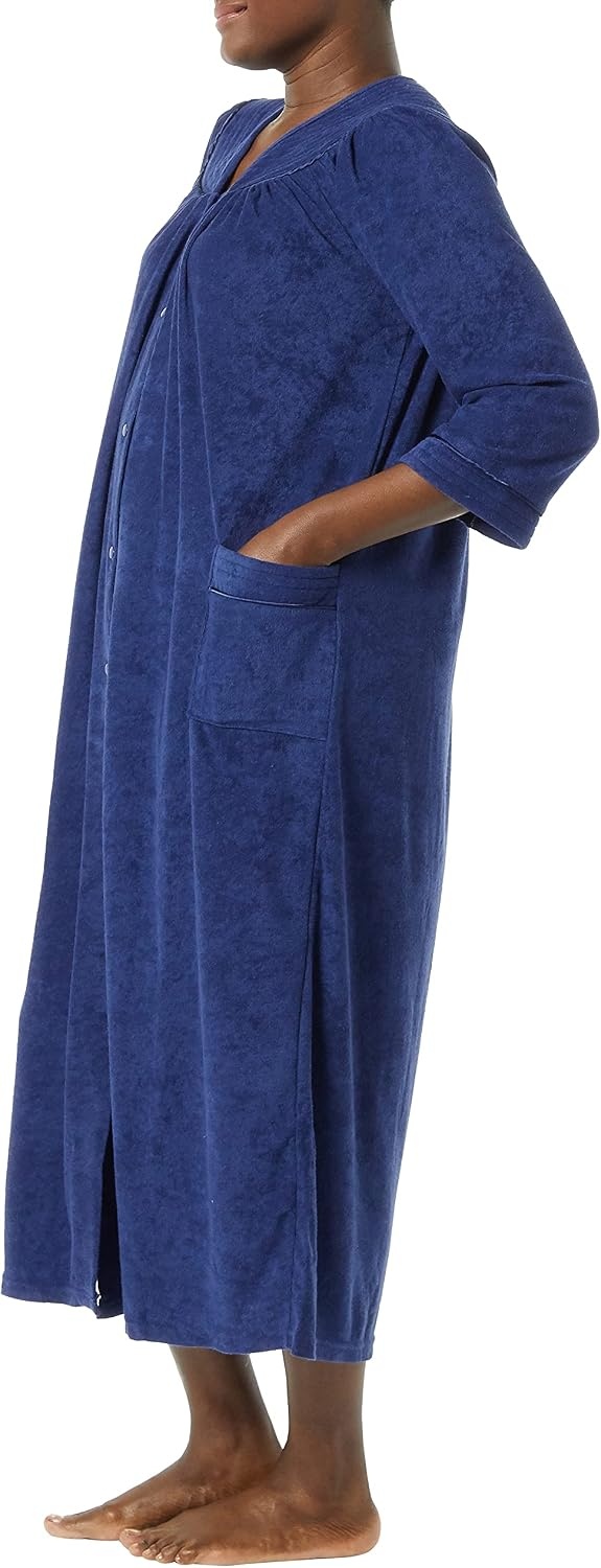 image:imageAmeriMark Women FullLength Snap Front Terrycloth Long BathrobeNavy
