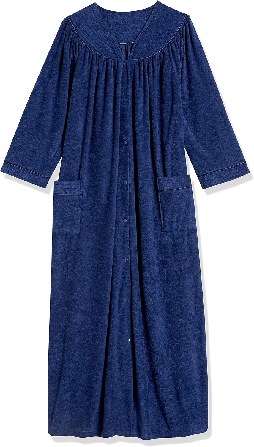 image:imageAmeriMark Women FullLength Snap Front Terrycloth Long BathrobeNavy