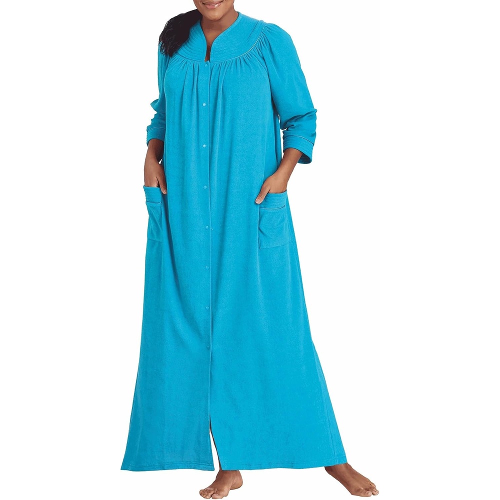 image:imageAmeriMark Women FullLength Snap Front Terrycloth Long BathrobeTurquoise