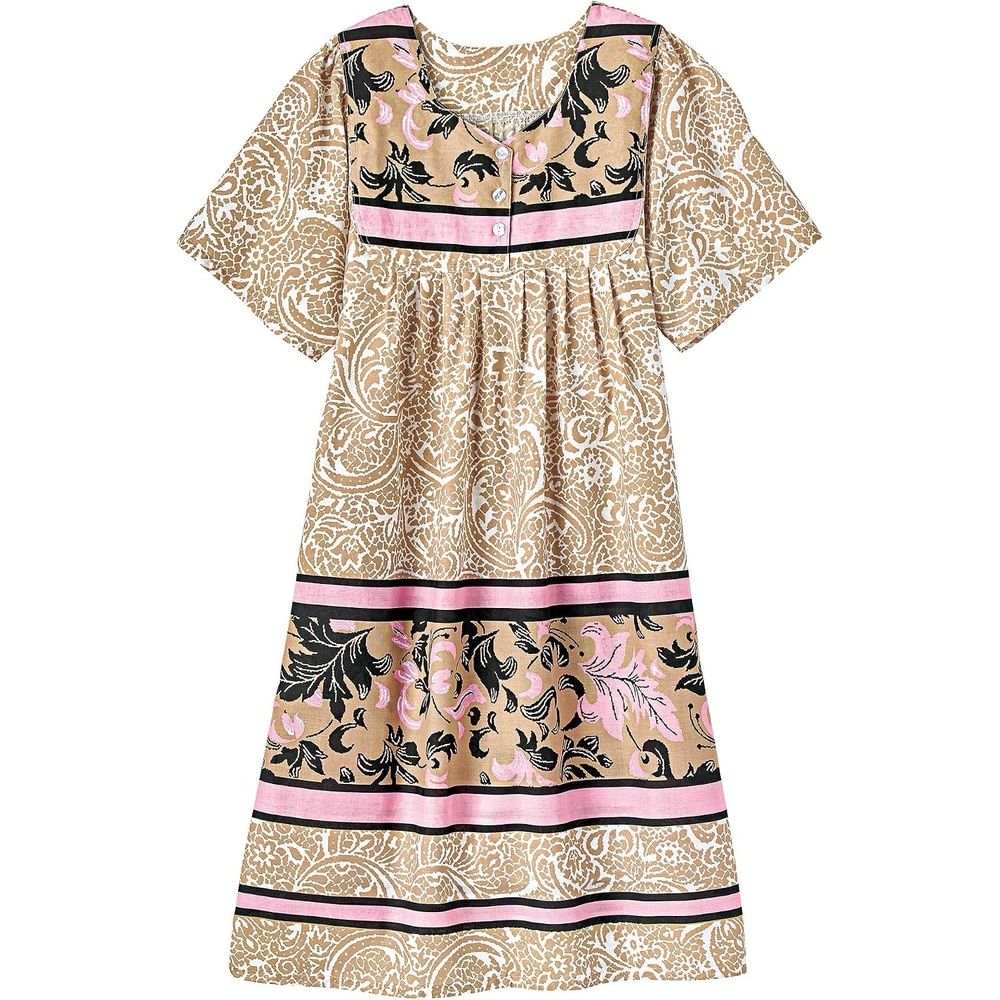 image:imageAmeriMark Womens Patio Dress Lounger Floral Print Border Short Sleeve amp PocketsKhaki Paisley
