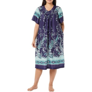 AmeriMark Women’s V-Neck Lounger House Dress(Navy Turquoise Border)